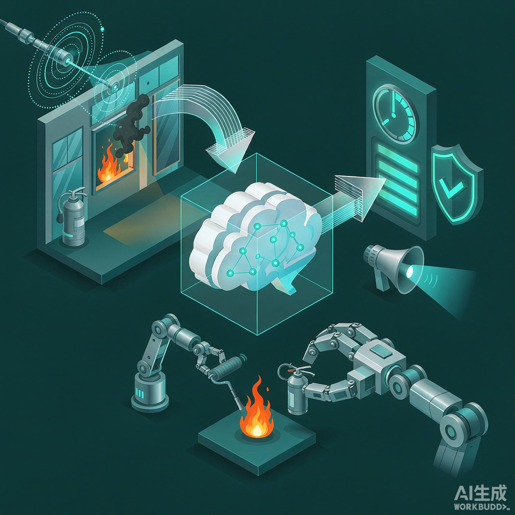 感知—认知—分级处置—自动灭火的闭环示意